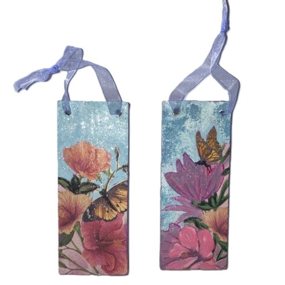 Christmas Tree ORNAMENTS Butterflies Flowers 2 Designs Hand-Painted 4.5 inches